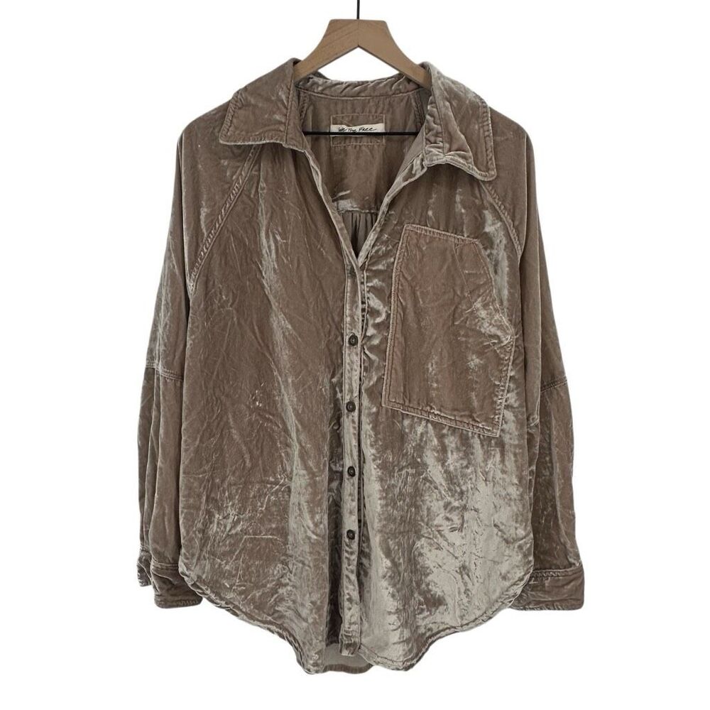 Free People Night Skies Velvet Top Medium Mushroom Button Down Oversized - Picture 3 of 10